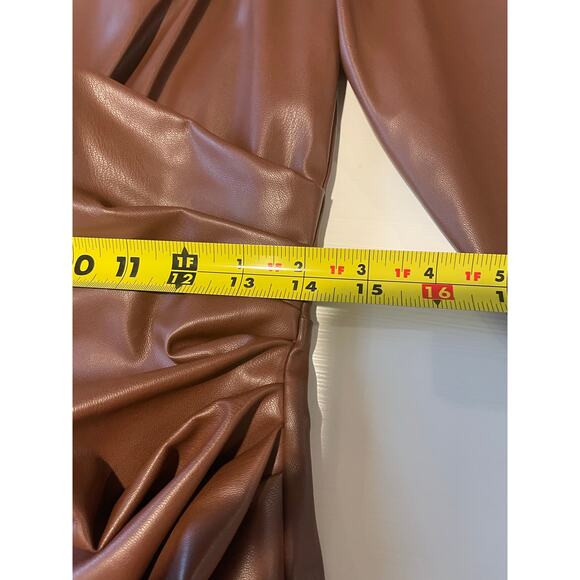 Zara Faux Leather Mini Dress NWT Brown Surplice V-Neck Ruched Long Sleeves Sz M - Picture 12 of 12